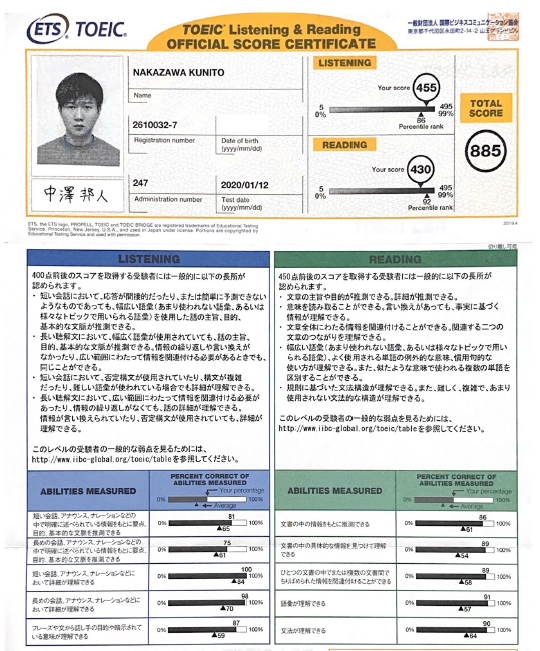 機械コース5年の中澤邦人君がTOEIC公開テストで 885点を取得｜近畿大学